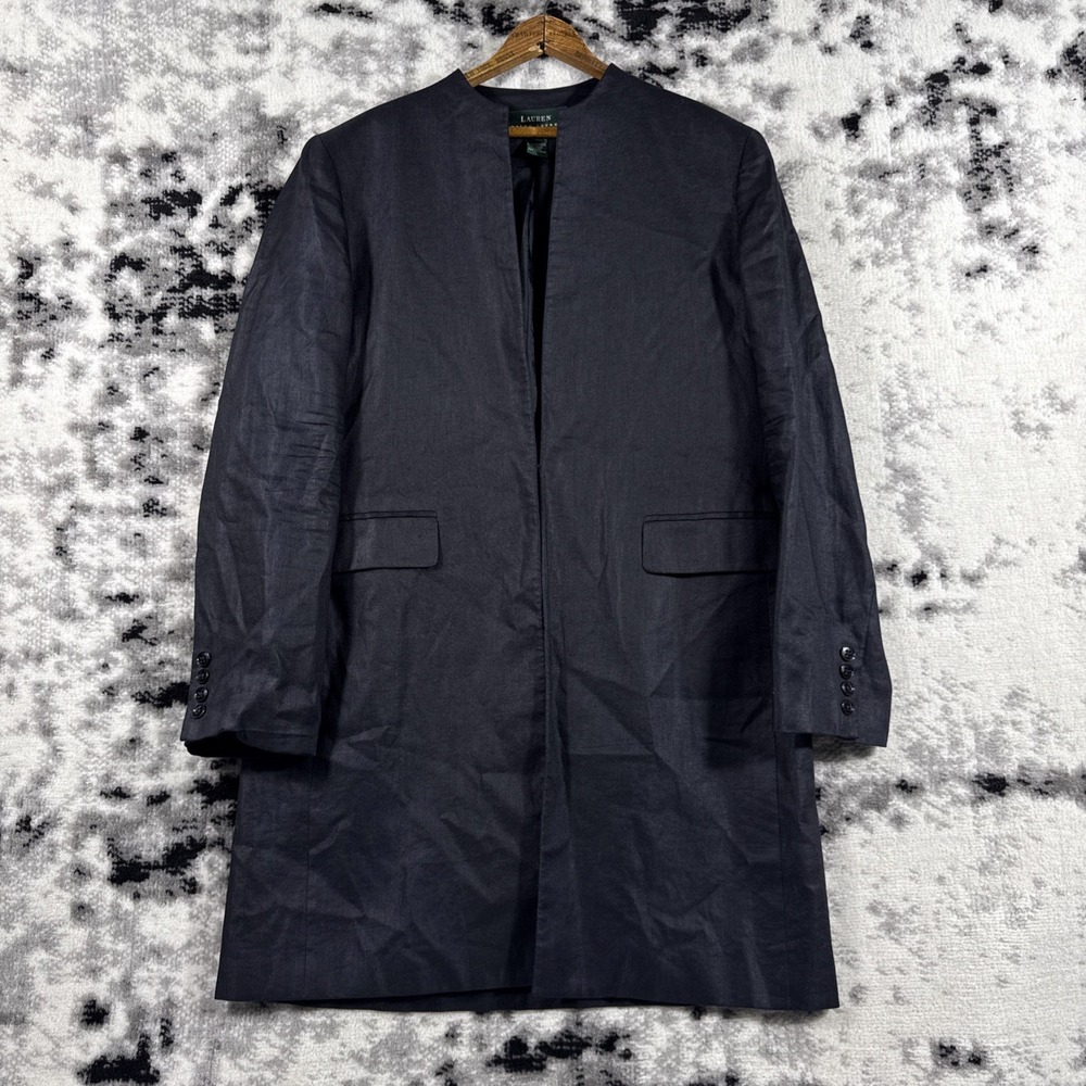 Lauren Ralph Lauren Jacket Womens 12 Black 100% Linen Open Pockets Minimal Lagen